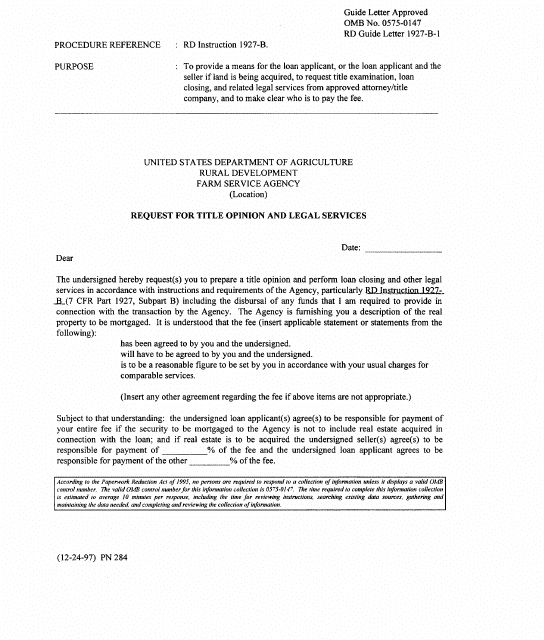 RD Form 1927-B-1 Request for Title Opinion and Legal Services