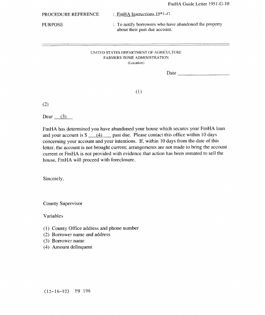 FmHA Form 1951-G-10 Letter Used to Notify Borrowers Who Have Abandoned the Property About Their Delinquent Account