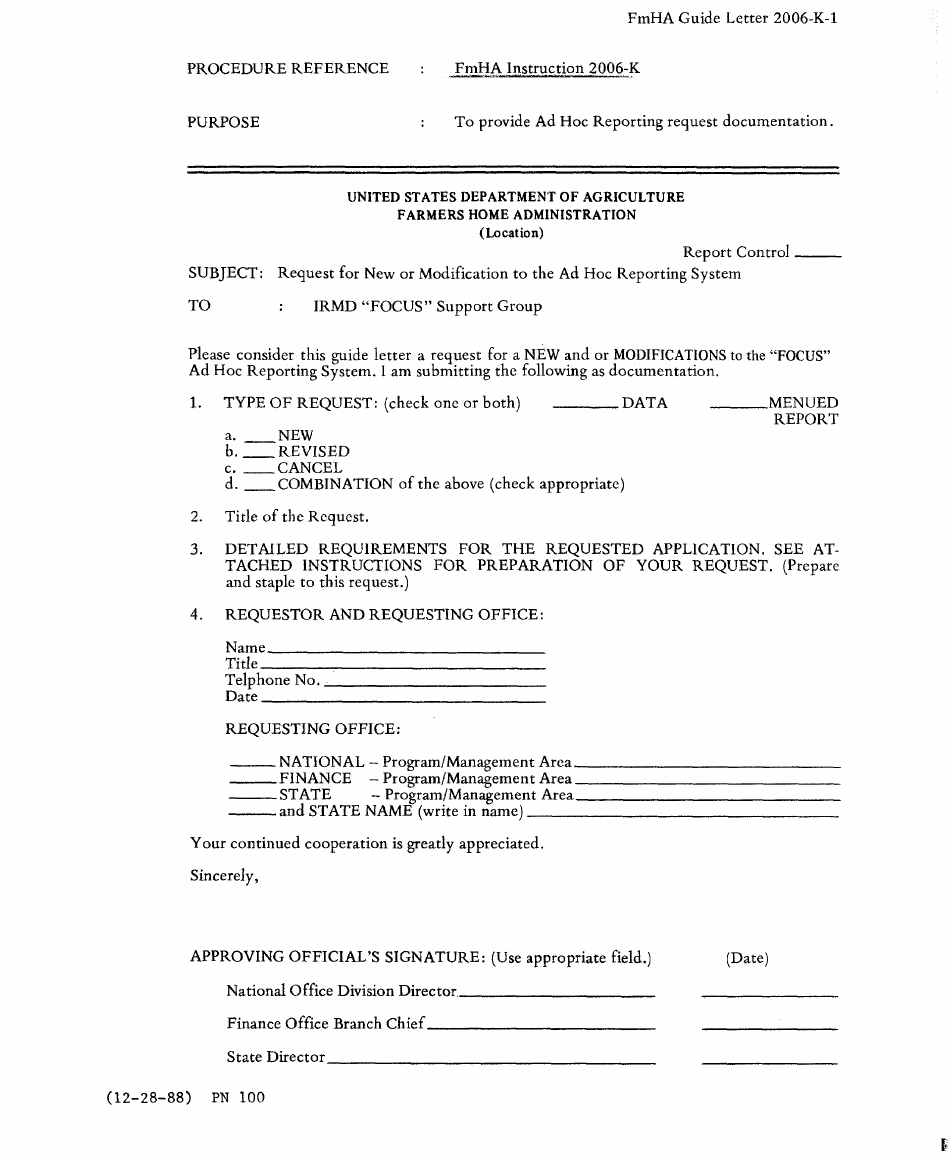 FmHA Form 2006 K-1 Request for New or Modification to the Ad Hoc Reporting System, Page 1
