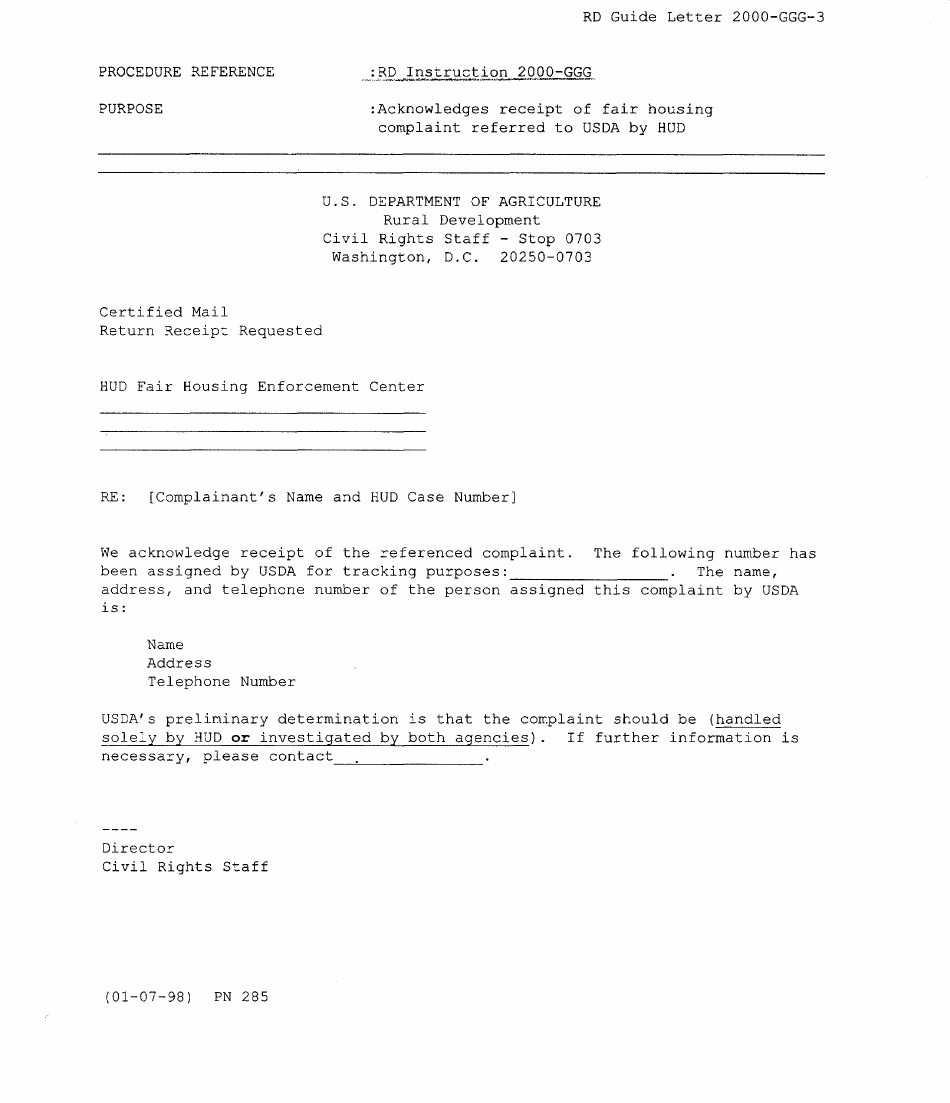 RD Form 2000-GGG-3 Acknowledgment of Receipt of Fair Housing Complaint Referred to Usda by Hud, Page 1
