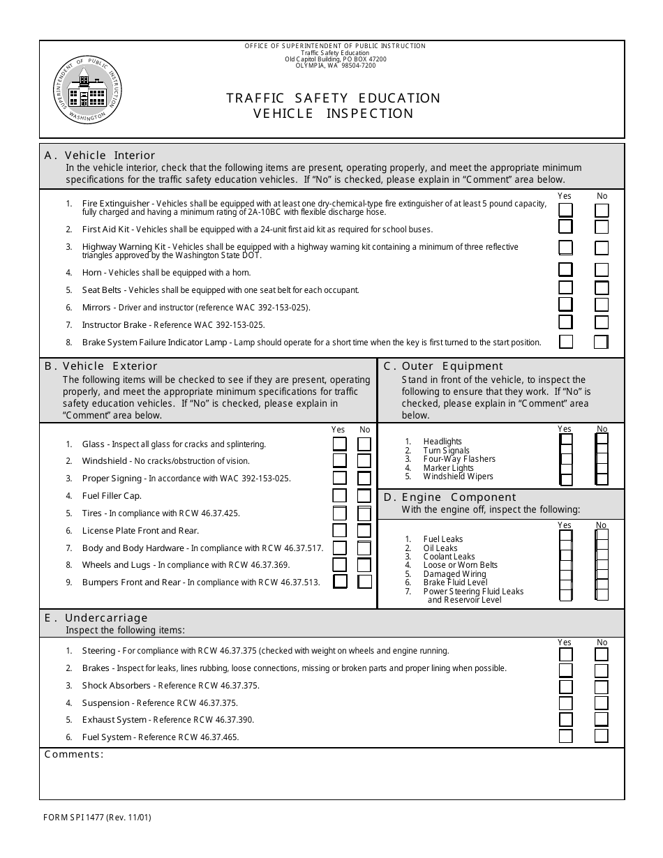 Form SPI1477 Traffic Safety Education Vehicle Inspection - Washington, Page 1