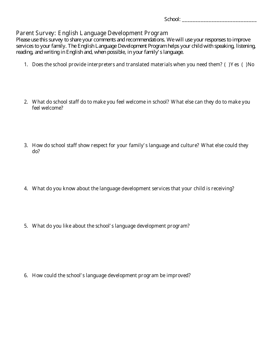 Open-Ended Question Family Feedback Survey - English Language Development Program - Washington, Page 1