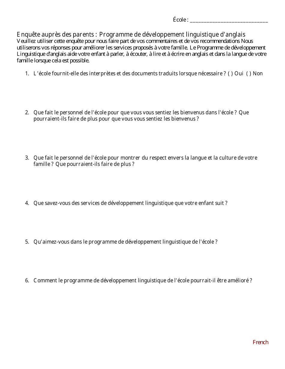 Open-Ended Question Family Feedback Survey - English Language Development Program - Washington (French), Page 1