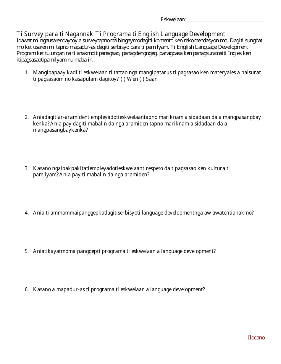Open-Ended Question Family Feedback Survey - English Language Development Program - Washington (Ilocano), Page 1