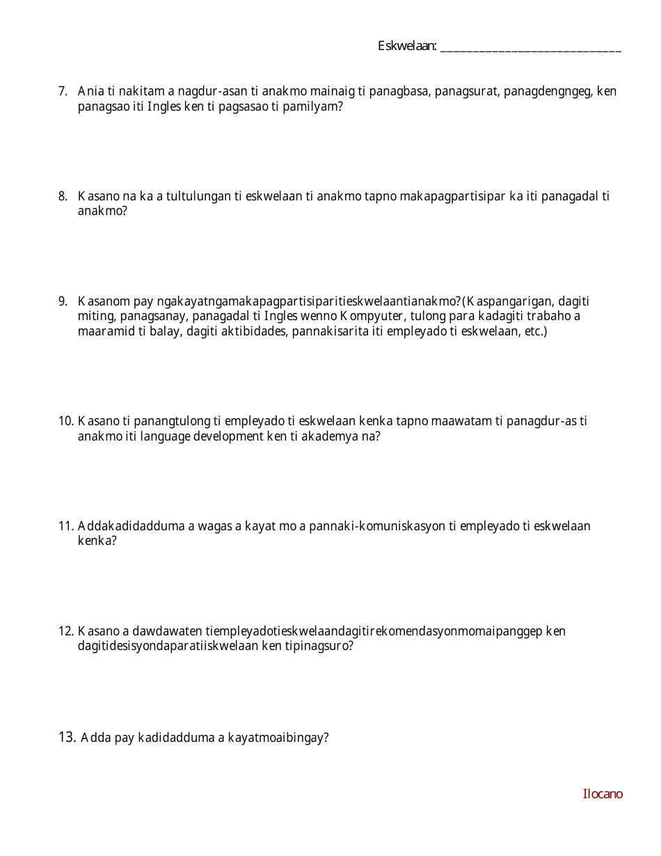 Open-Ended Question Family Feedback Survey - English Language Development Program - Washington (Ilocano), Page 2