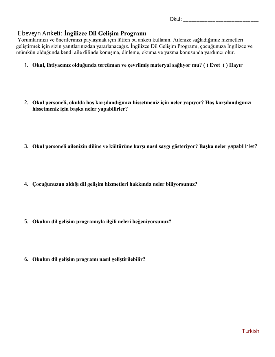 Parent Survey - English Language Development Program - Washington (Turkish), Page 1