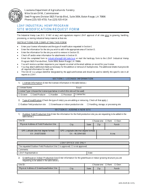 Form AES-28-09 Site Modification Request Form - Ldaf Industrial Hemp Program - Louisiana