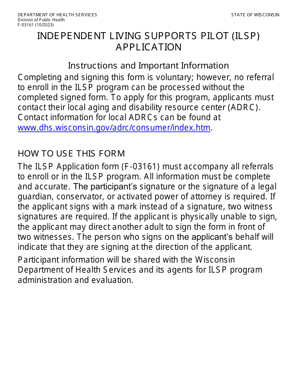 Form F-03161LP Independent Living Supports Pilot: Application - Large Print - Wisconsin, Page 1