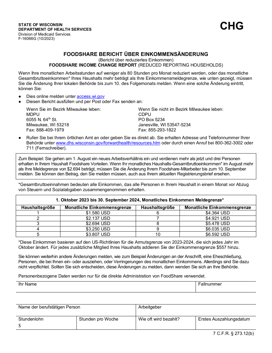 Form F-16066G Foodshare Wisconsin Income Change Report - Wisconsin (German), Page 1