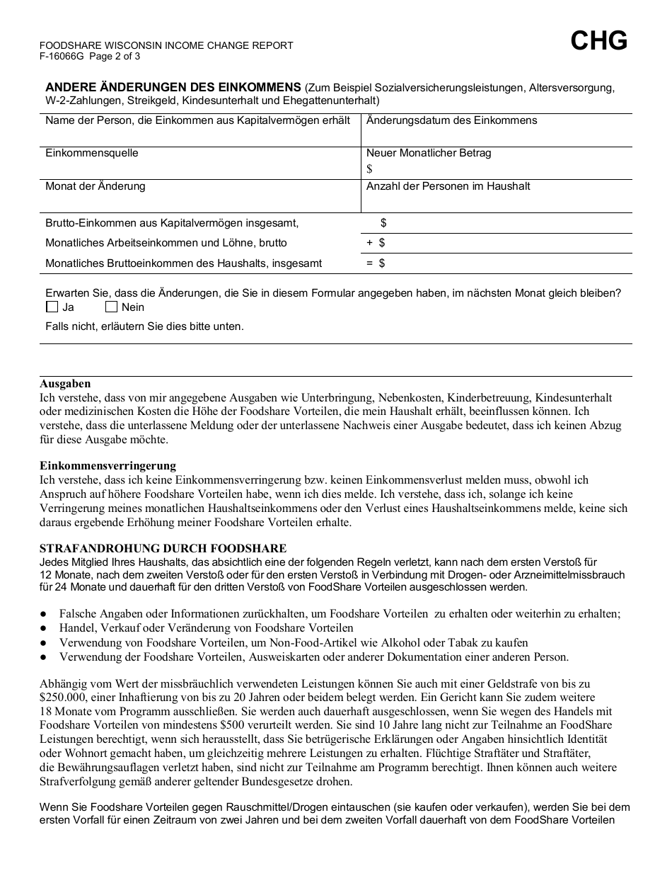 Form F-16066G Foodshare Wisconsin Income Change Report - Wisconsin (German), Page 2