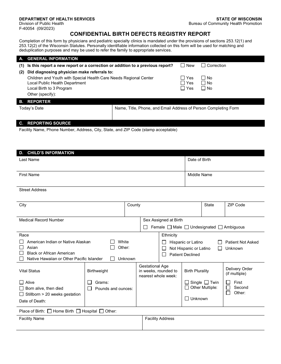 Form F-40054 Download Fillable PDF or Fill Online Confidential Birth ...