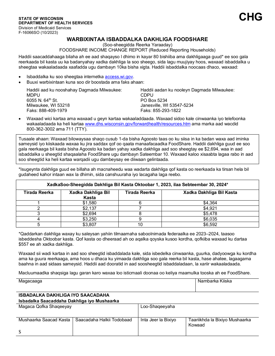 Form F-16066SO Foodshare Wisconsin Income Change Report - Wisconsin (Somali), Page 1