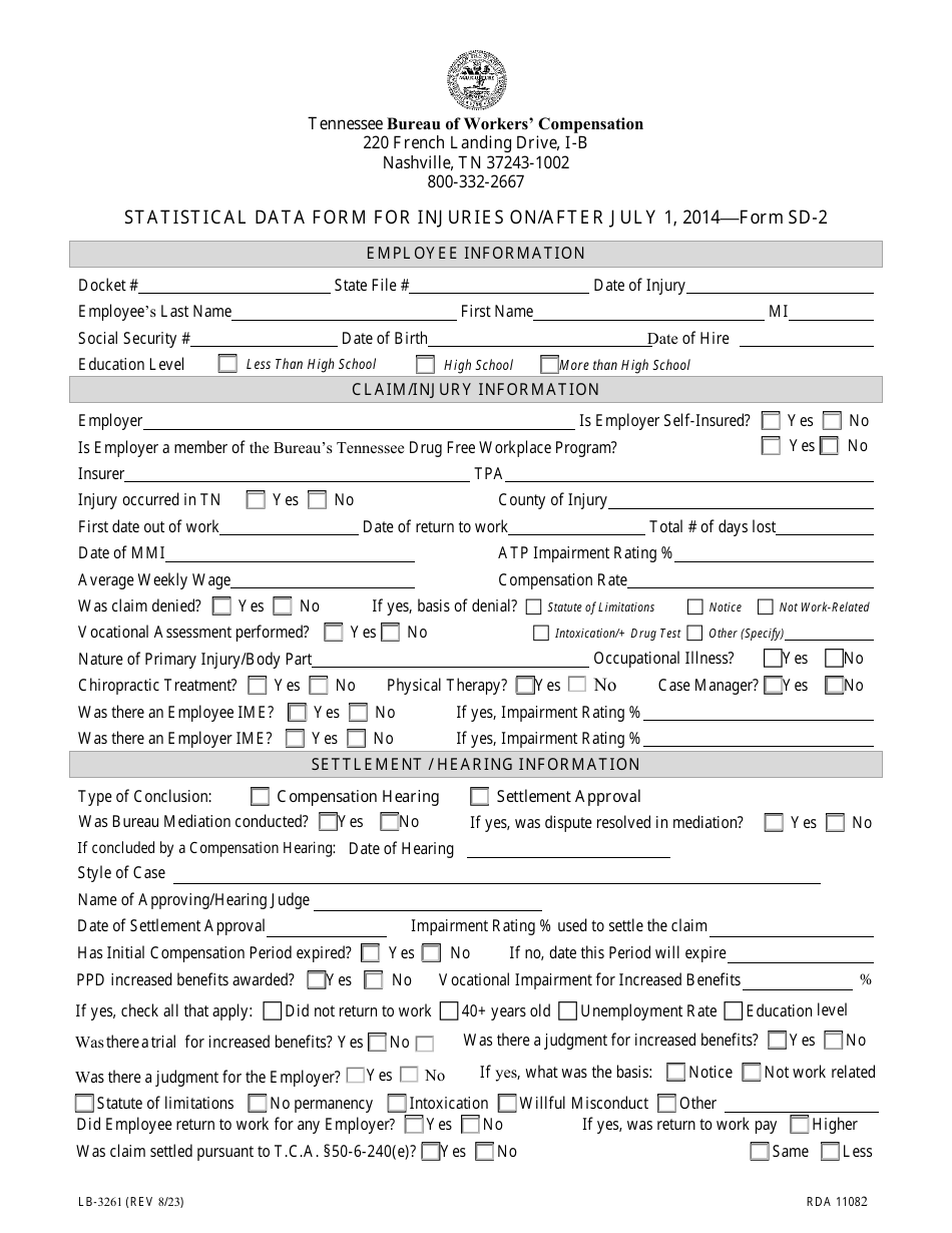 Form SD-2 (LB-3261) Statistical Data Form for Injuries on / After July 1, 2014 - Tennessee, Page 1
