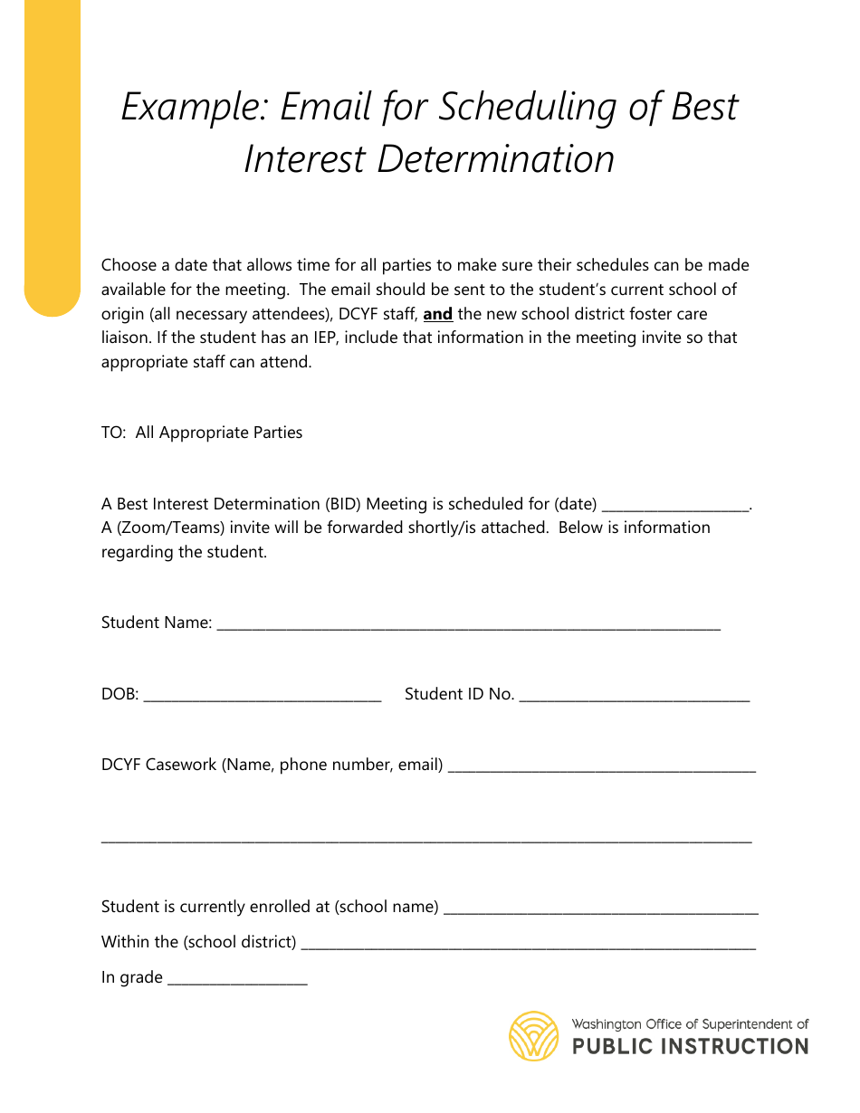 Example: Email for Scheduling of Best Interest Determination - Washington, Page 1