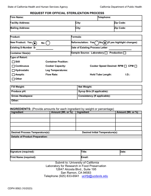 Form CDPH8562 Request for Official Sterilization Process - California