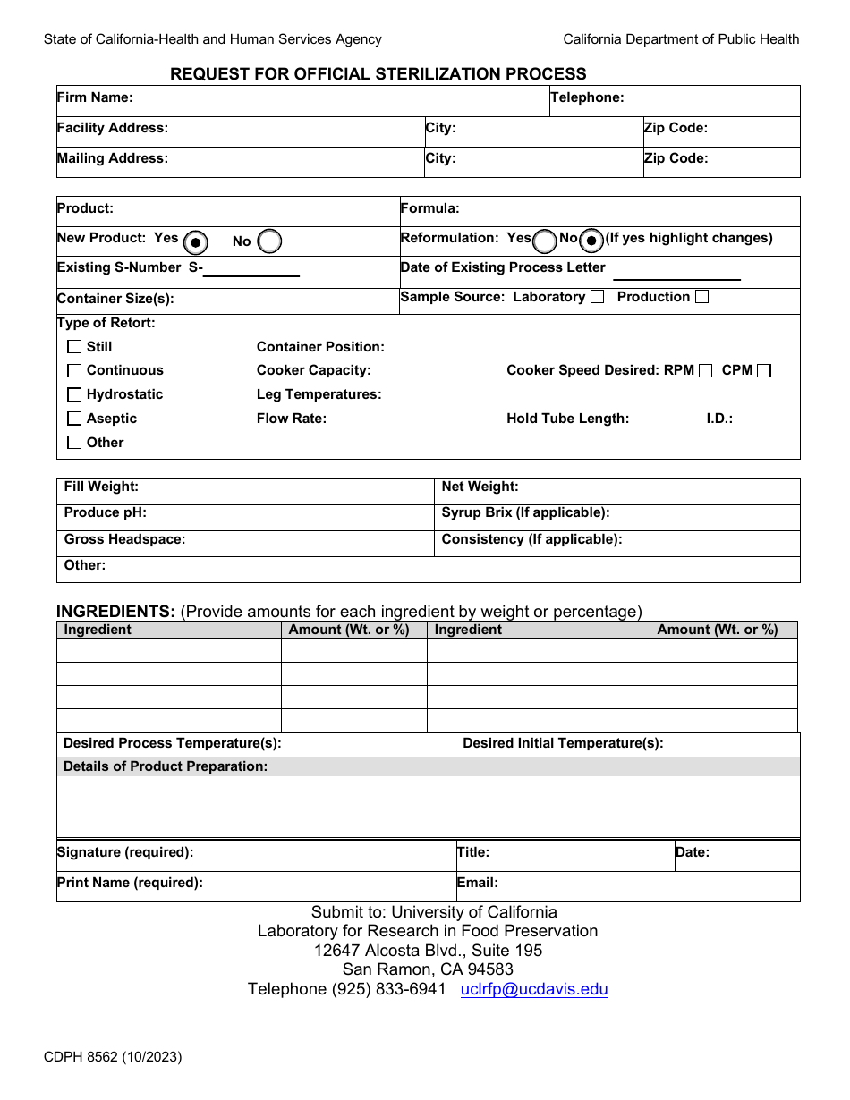 Form CDPH8562 Request for Official Sterilization Process - California, Page 1