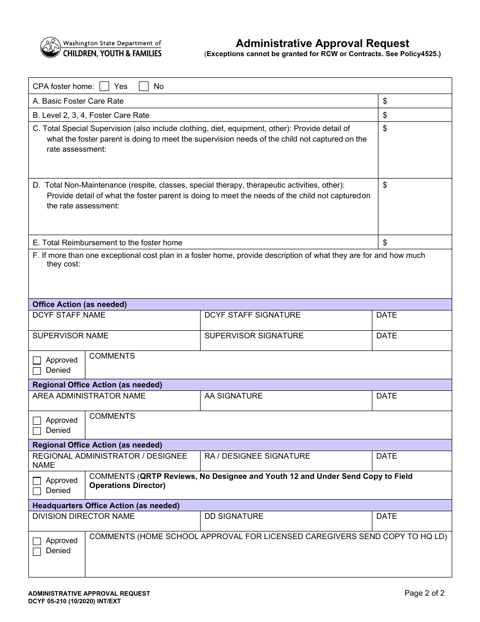 Form DCYF05-210 Administrative Approval Request - Washington, Page 3