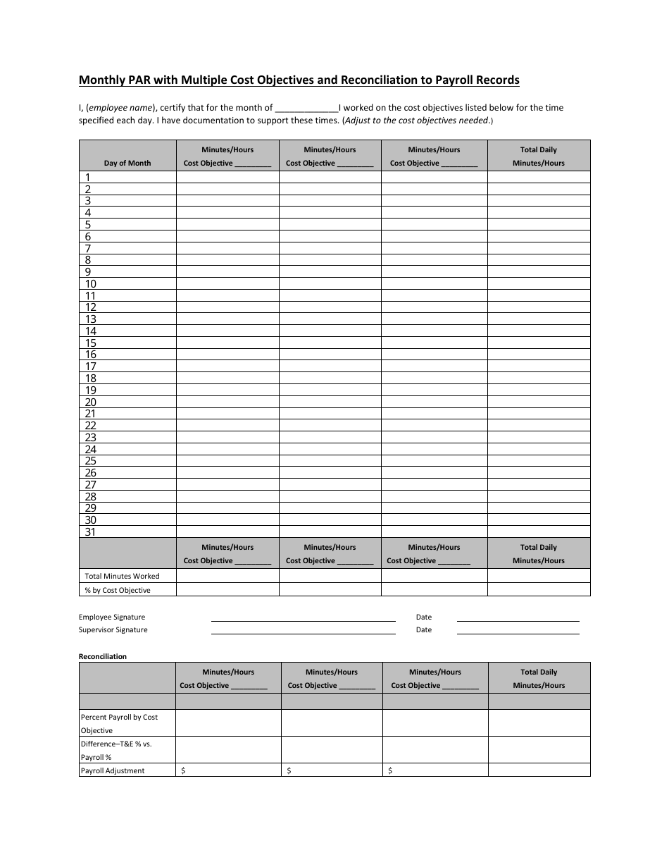 Monthly Par With Multiple Cost Objectives and Reconciliation to Payroll Records - Washington, Page 1