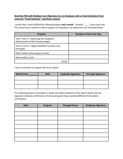 Monthly Par With Multiple Cost Objectives for an Employee With a Fixed-Schedule (If Not Using the "fixed Schedule" Substitute System) - Washington Download Pdf