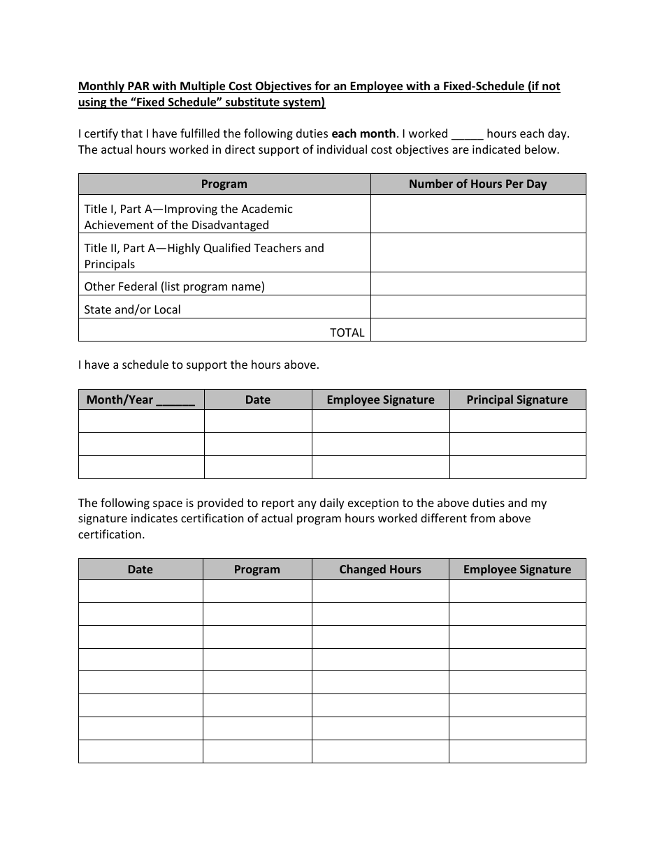 Monthly Par With Multiple Cost Objectives for an Employee With a Fixed-Schedule (If Not Using the fixed Schedule Substitute System) - Washington, Page 1