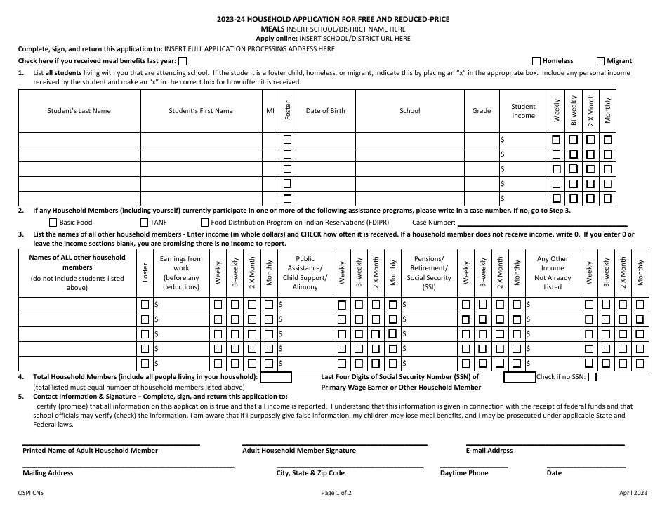 2024 Washington Application For Free And Reduced-Price Meals For Public ...