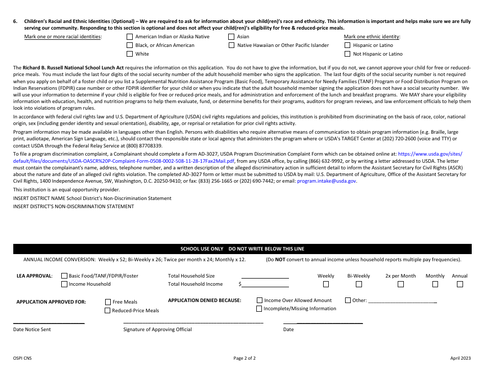 Application for Free and Reduced-Price Meals for Public Schools - Washington, Page 2