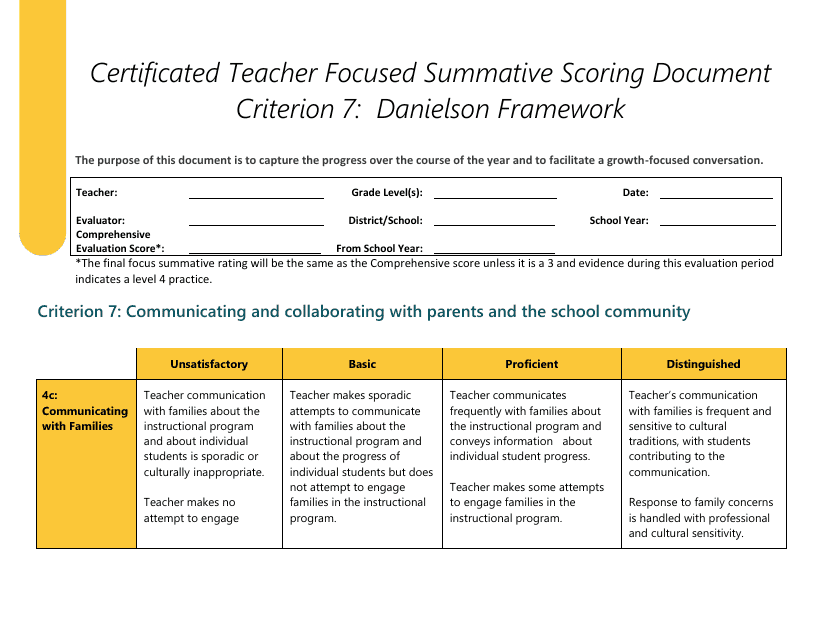 Certificated Teacher Focused Summative Scoring Document Criterion 7: Danielson Framework - Washington Download Pdf