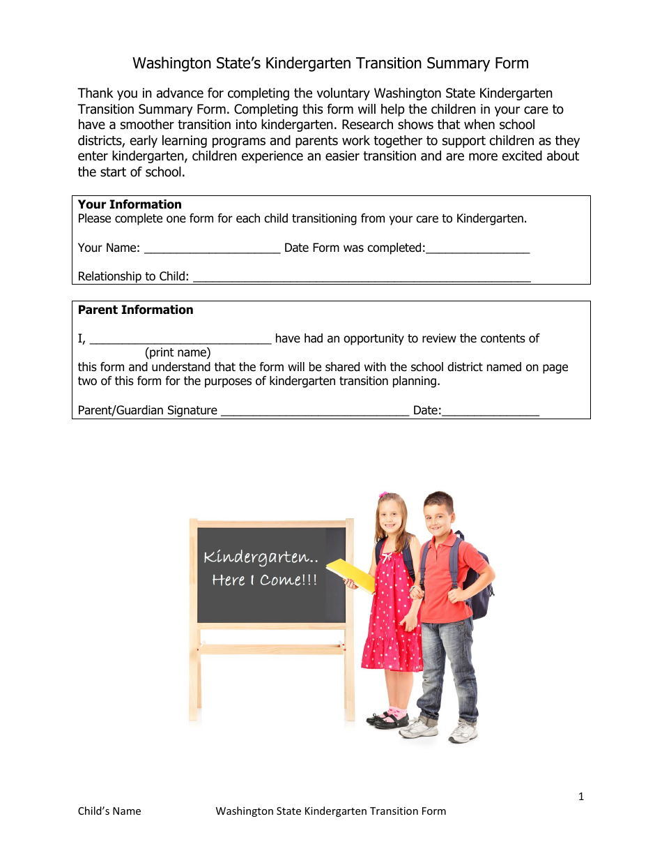 Washington States Kindergarten Transition Summary Form - Washington, Page 1