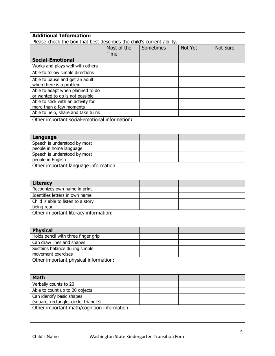 Washington States Kindergarten Transition Summary Form - Washington, Page 3