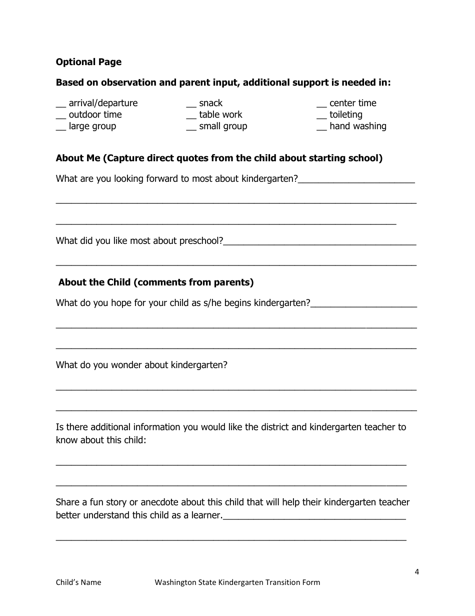Washington States Kindergarten Transition Summary Form - Washington, Page 4