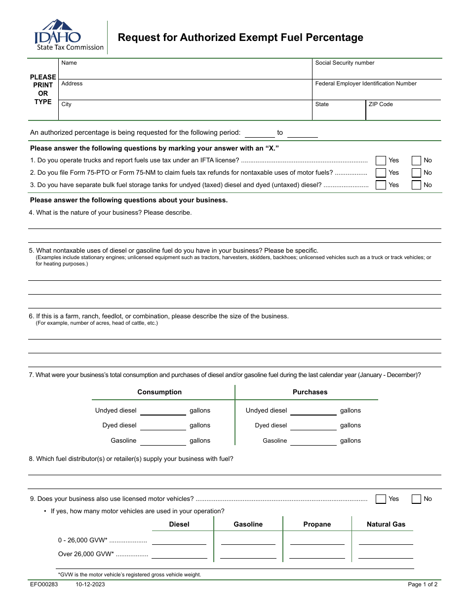 Form EFO00283 Request for Authorized Exempt Fuel Percentage - Idaho, Page 1