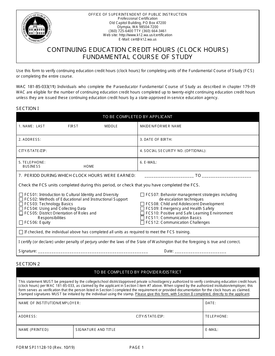 Form SPI1128-10 Continuing Education Credit Hours (Clock Hours) - Fundamental Course of Study - Washington, Page 1