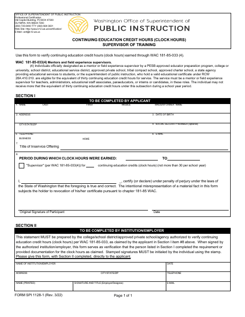 Form SPI1128-1 Continuing Education Credit Hours (Clock Hours) - Supervisor of Training - Washington
