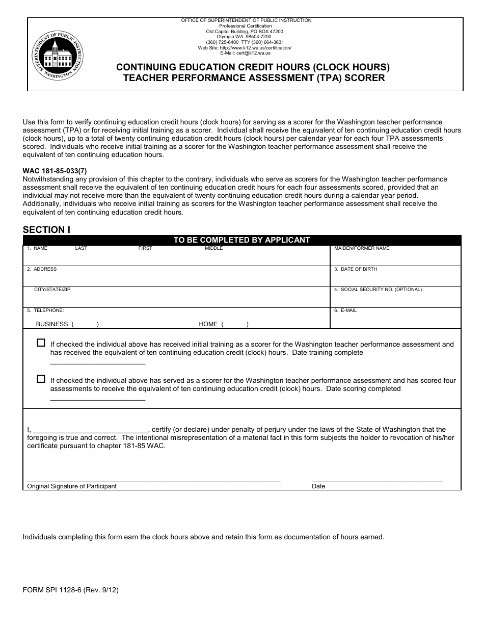 Form SPI1128-6 Continuing Education Credit Hours (Clock Hours) - Teacher Performance Assessment (Tpa) Scorer - Washington, Page 1