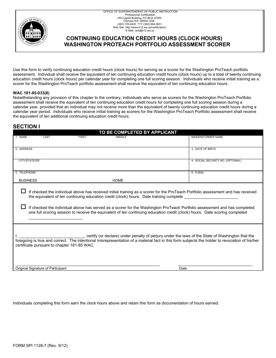Form SPI1128-7 Continuing Education Credit Hours (Clock Hours) - Washington Proteach Portfolio Assessment Scorer - Washington, Page 1