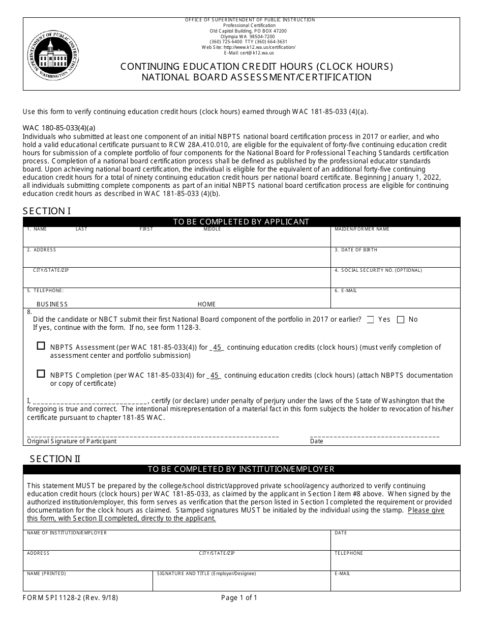 Form SPI1128-2 Continuing Education Credit Hours (Clock Hours) - National Board Assessment / Certification - Washington, Page 1