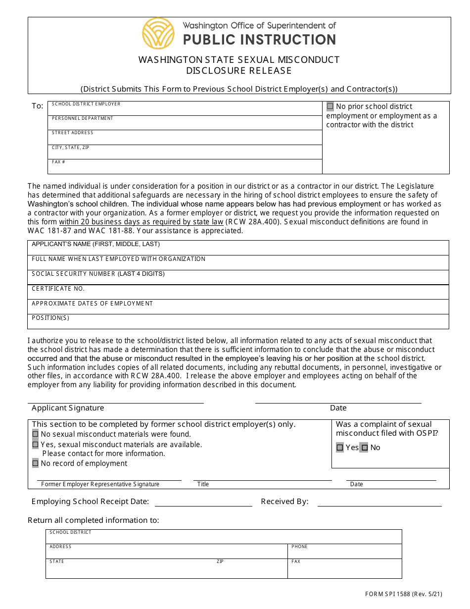 Form SPI1588 Washington State Sexual Misconduct Disclosure Release - Washington, Page 1