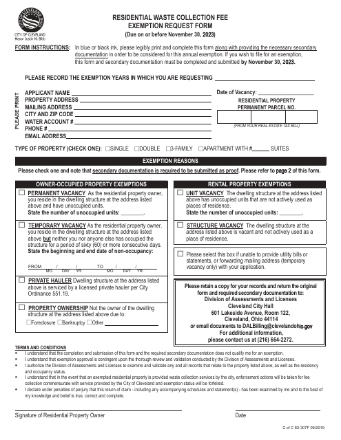 Residential Waste Collection Fee Exemption Request Form - City of Cleveland, Ohio, 2023
