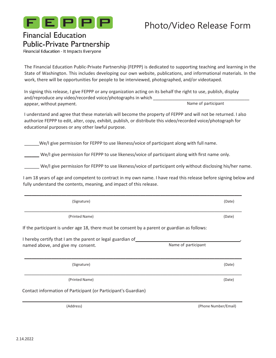 Photo / Video Release Form - Financial Education Public-Private Partnership (Feppp) - Washington, Page 1