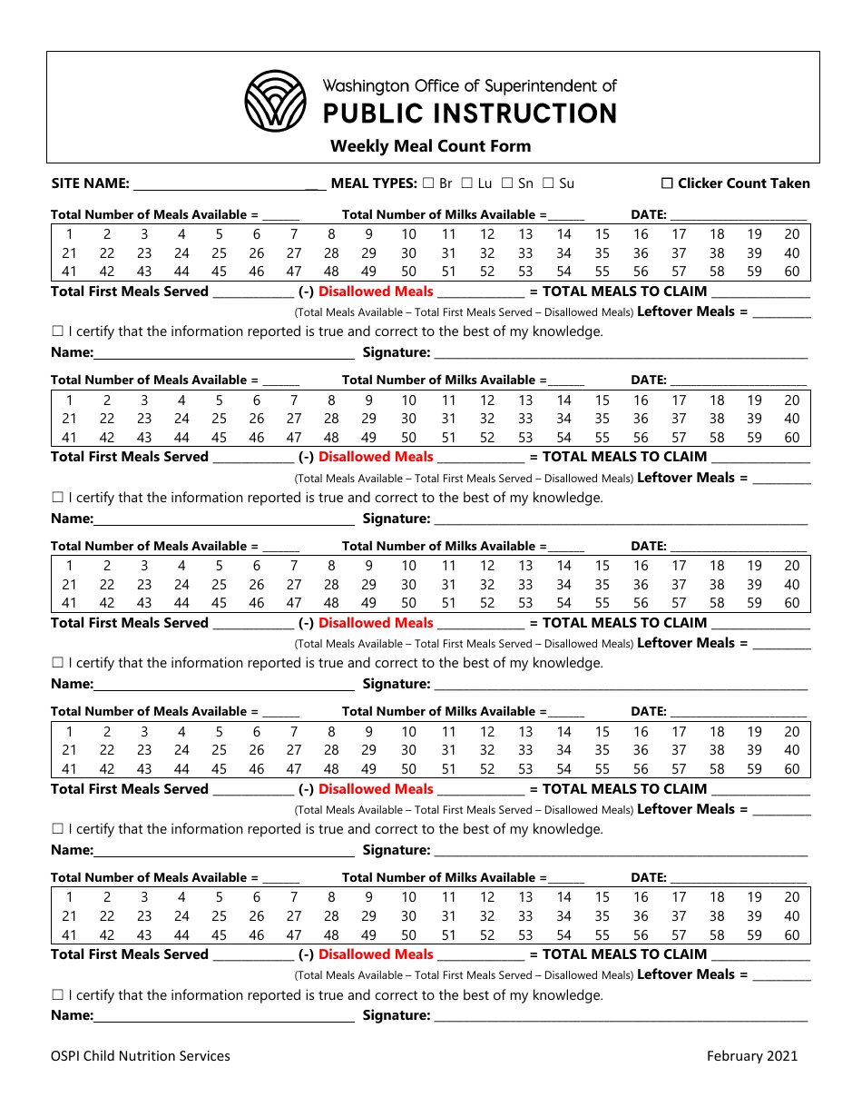 Weekly Meal Count Form - Washington, Page 1