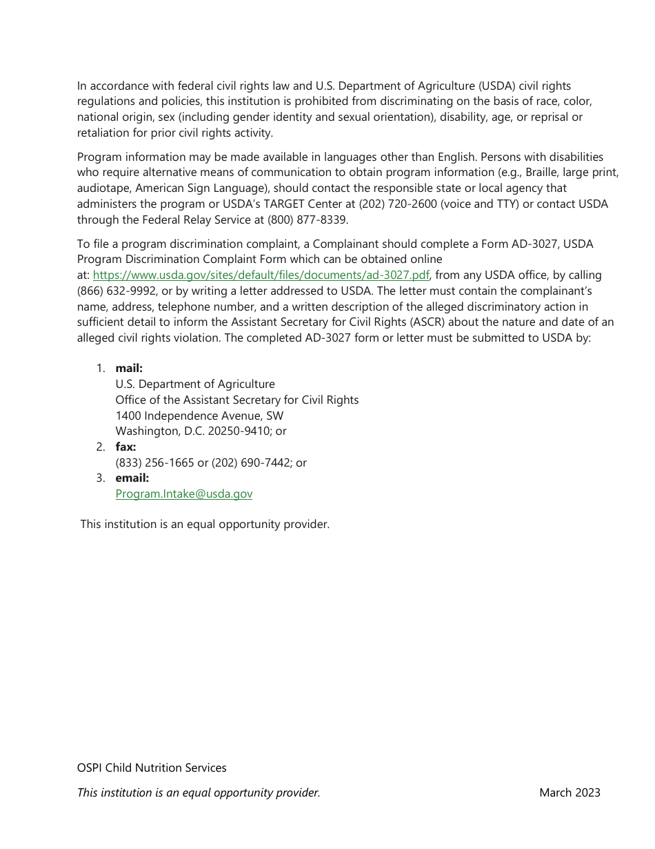 Civil Rights Complaint Form - Washington, Page 3