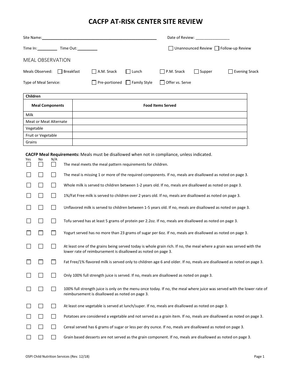 Washington CACFP at-Risk Center Site Review - Fill Out, Sign Online and ...