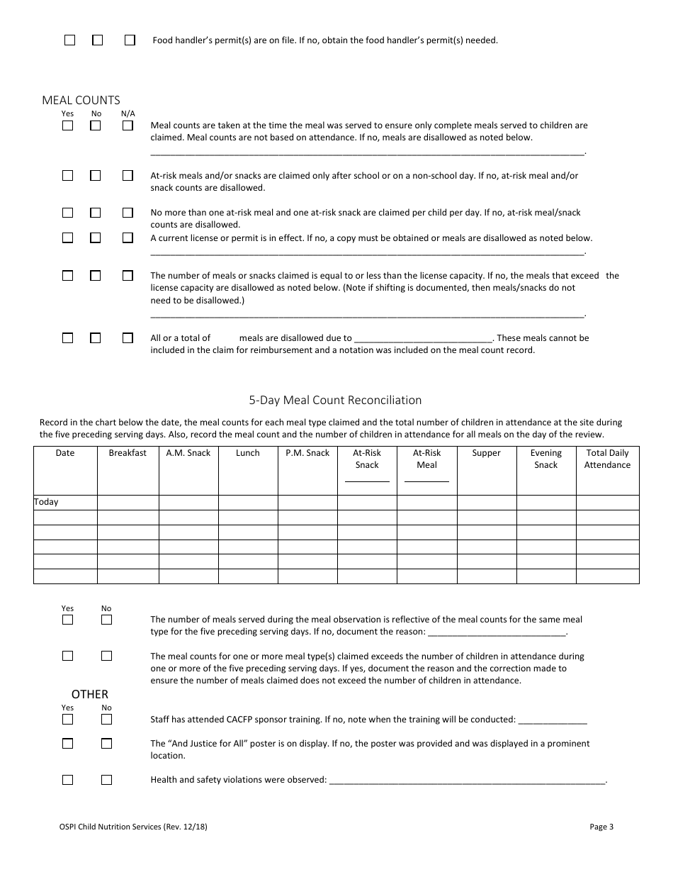 CACFP at-Risk Center Site Review - Washington, Page 3