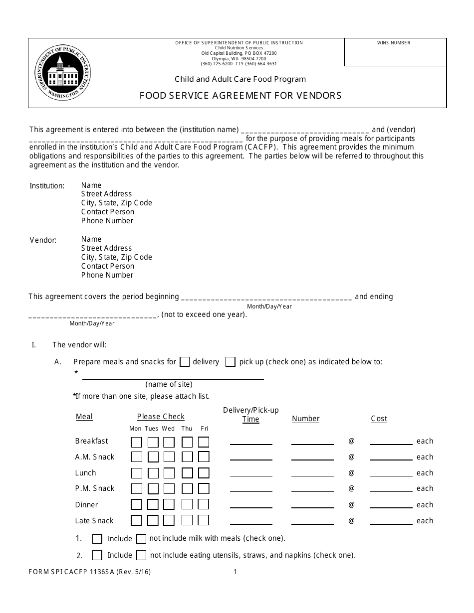 Form SPI CACFP1136SA Food Service Agreement for Vendors - Child and Adult Care Food Program - Washington, Page 1
