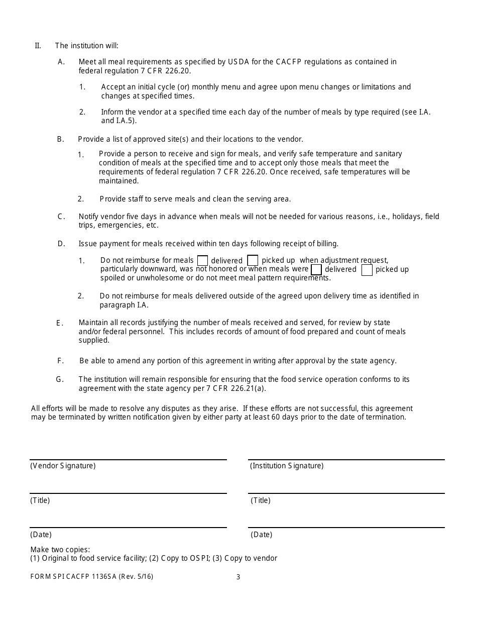 Form SPI CACFP1136SA Food Service Agreement for Vendors - Child and Adult Care Food Program - Washington, Page 3