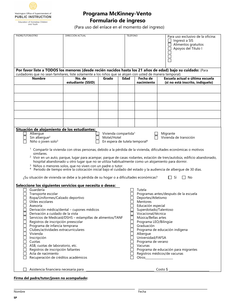 Formulario De Ingreso - Programa Mckinney-Vento - Washington (Spanish), Page 1