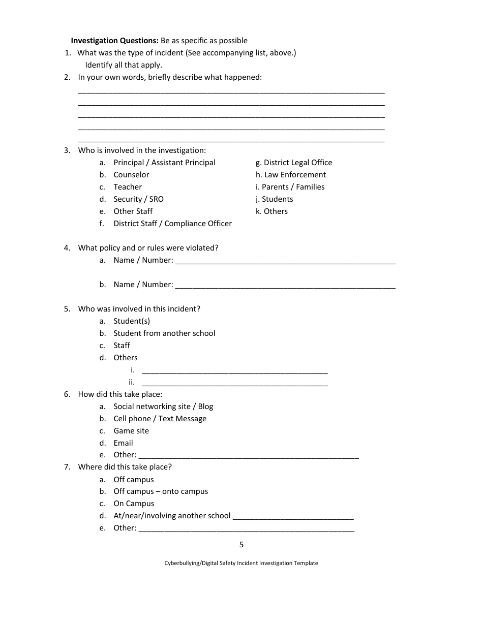 Cyberbullying / Digital Safety Incident Investigation Template - Draft - Washington, Page 5
