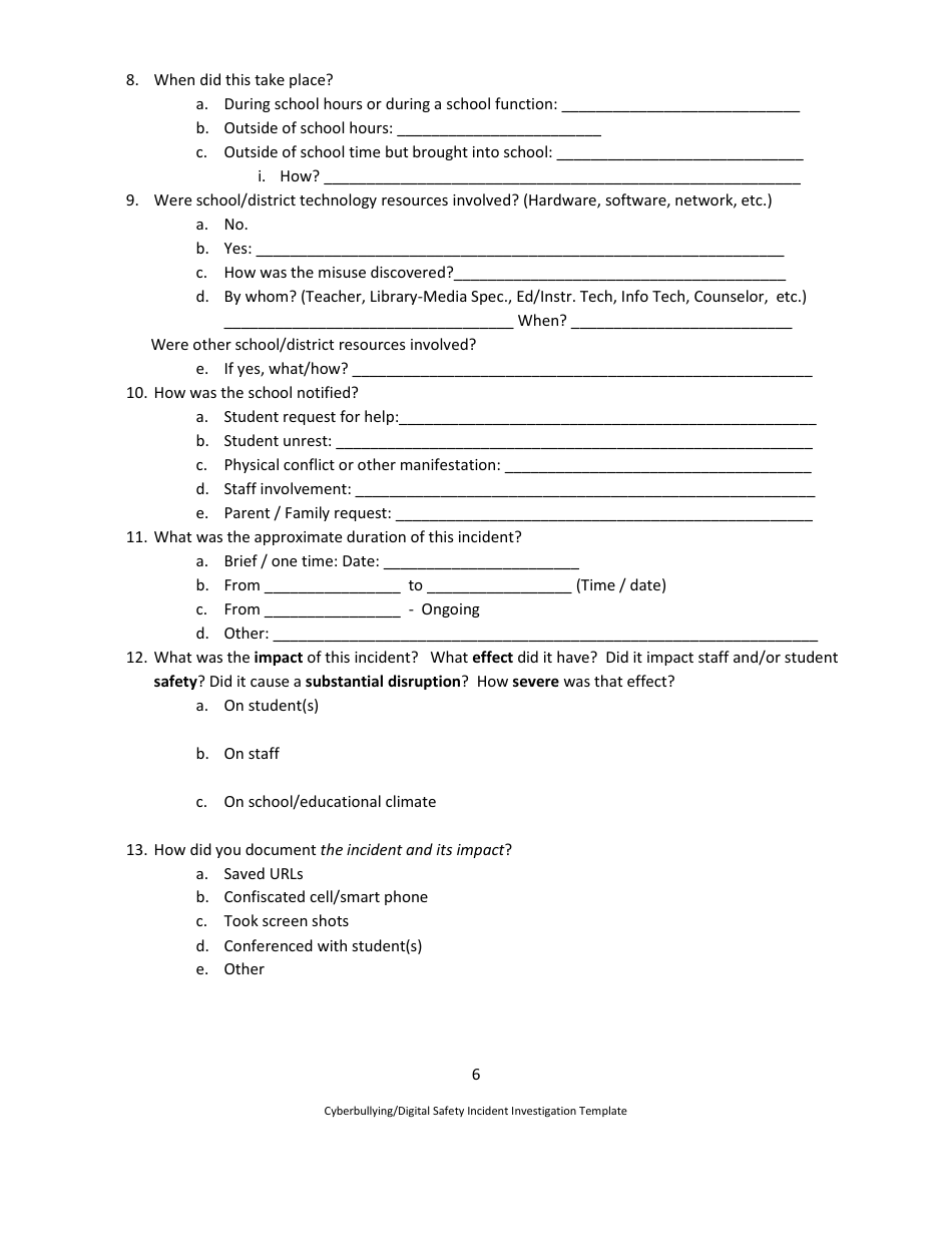 Cyberbullying / Digital Safety Incident Investigation Template - Draft - Washington, Page 6