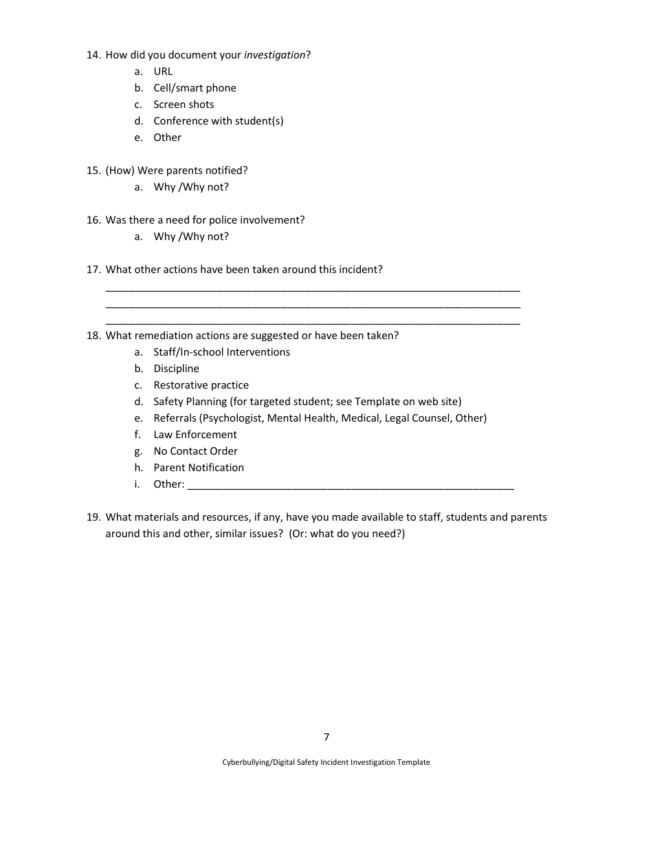 Cyberbullying / Digital Safety Incident Investigation Template - Draft - Washington, Page 7