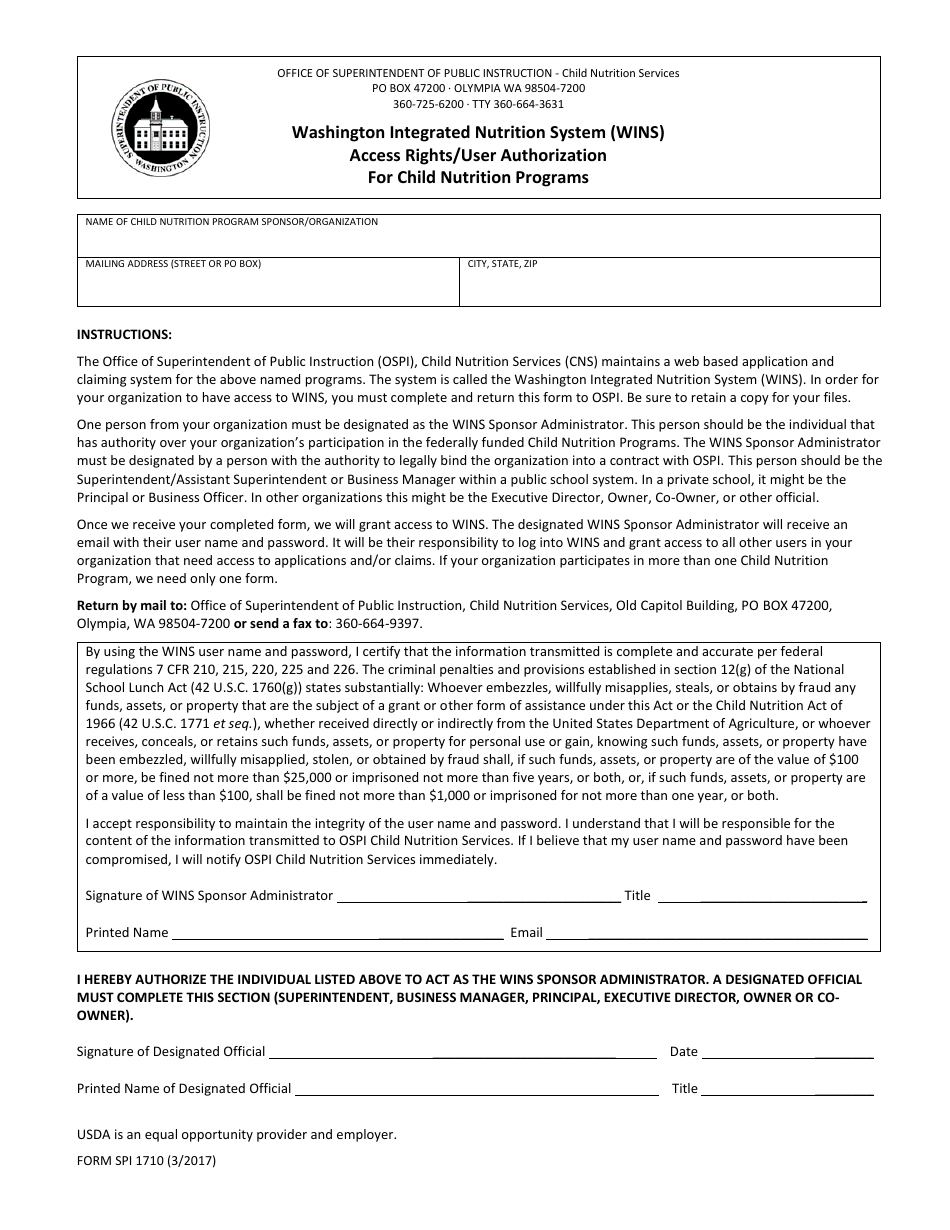 Form SPI1710 Access Rights / User Authorization for Child Nutrition Programs - Washington Integrated Nutrition System (Wins) - Washington, Page 1